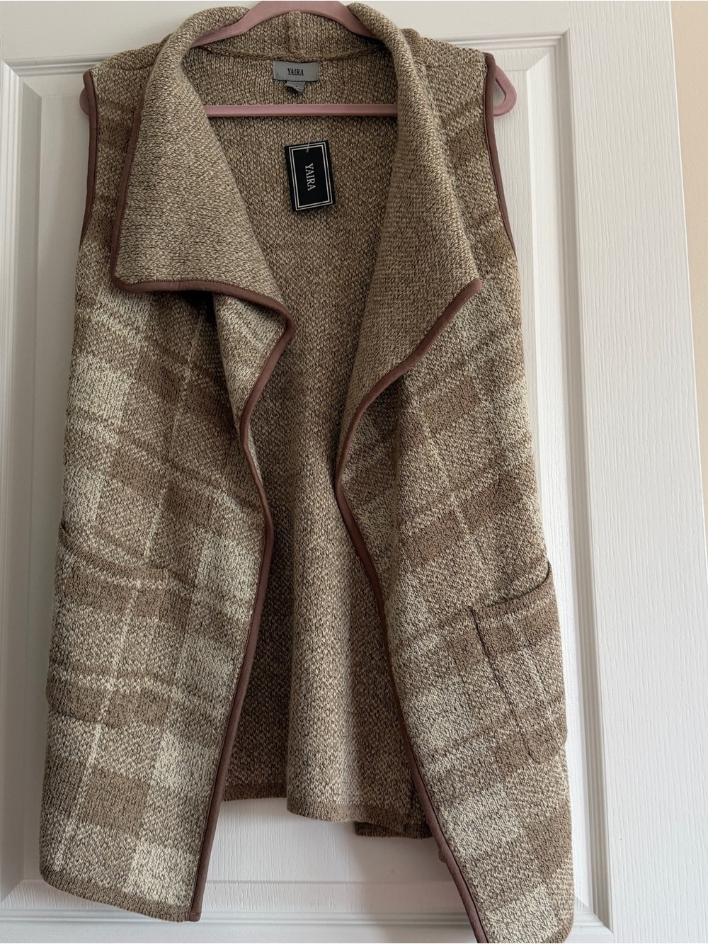 Taupe & Cream Plaid Sleeveless Coatigan - Draped Open Front